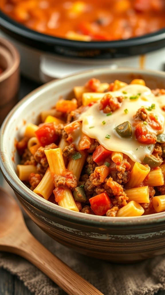A hearty slow cooker casserole with pasta, ground beef, and vegetables, topped with melted cheese in a rustic bowl.